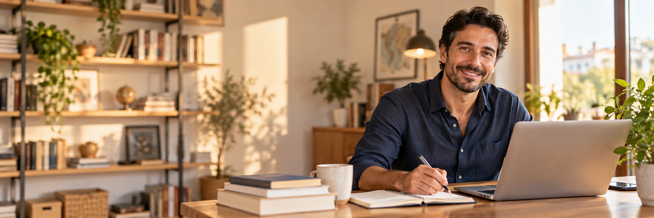 Un uomo studia online con laptop e appunti